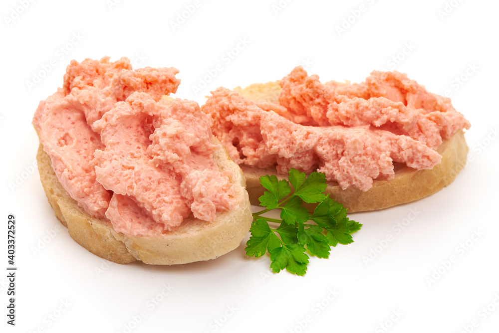 Sandwich with caviar paste, isolated on white background.
