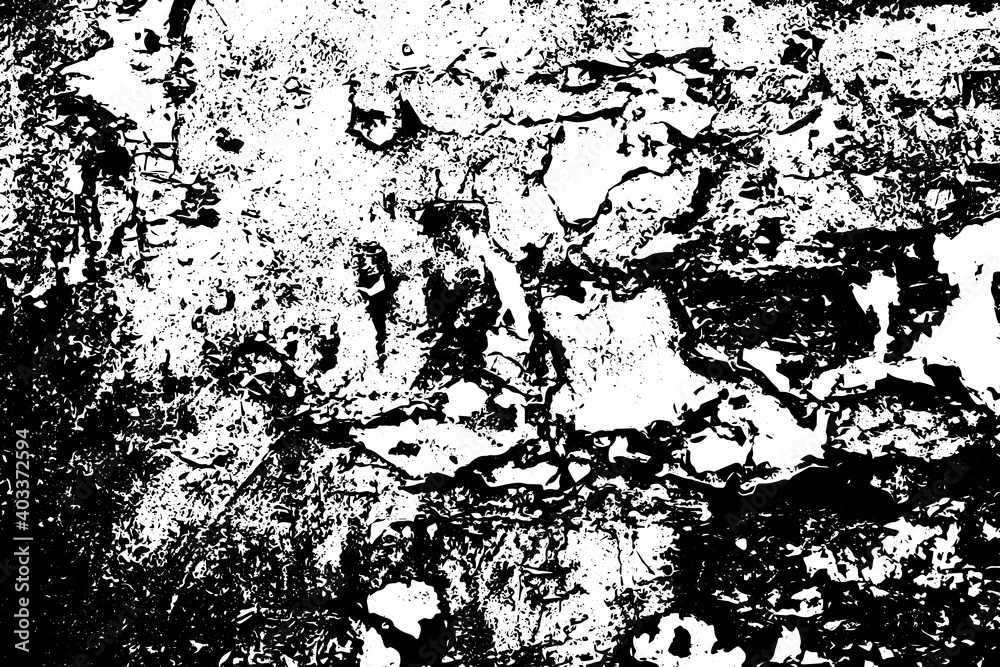 Fototapeta premium Grunge texture is black and white. The background is made of dirt, chips, scuffs, and wear. Old vintage surface splattered with ink. Soiled backdrop template