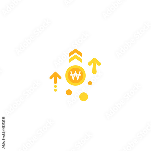 Korean won growth vector icon. gold won coin with up arrows. Flat icon. Isolated on white.
