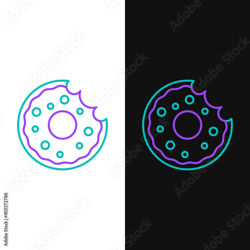 Line Donut with sweet glaze icon isolated on white and black background. Colorful outline concept. Vector.