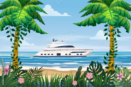 Summer Vacation Poster. Seascape beach palms seachore speed yacht tropical ocean, vector, illustration