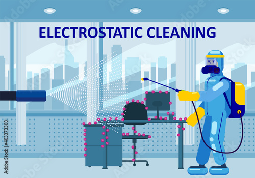 Electrostatic Disinfection Cleaning service. Man dressed in uniform in a special suit with equipment with electrostatic spray conducts disinfection in the office. Vector illustration in a flat style