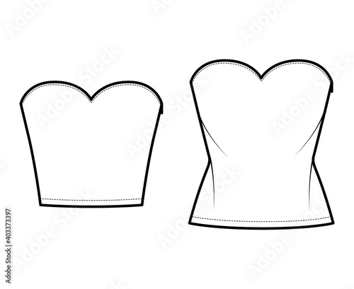 Set of Tops strapless sweetheart neckline technical fashion illustration with slim fit, crop, tunic length. Flat apparel shirt outwear template front, white color. Women men unisex CAD mockup