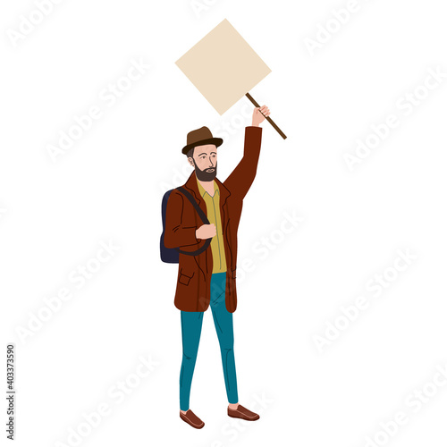 Protester man holding empty banner. Activist protesting, political meeting, strike human rights. Vector illustration