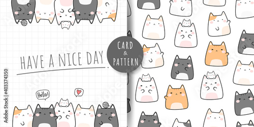 Bundle set of cute kitty card and seamless pattern cartoon doodle background wallpaper vector design