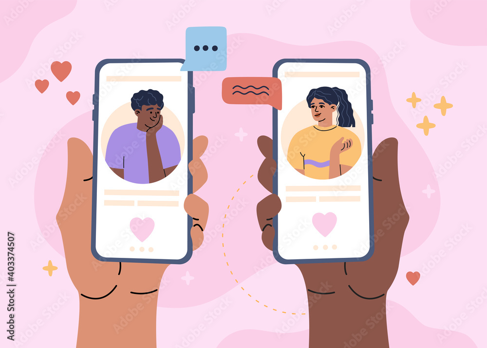 Dating app, social media mobile application, young man and woman in love holding smartphone in hand and have online chat, virtual relationship. Modern illustration, flat cartoon style, pink background Dating app, social media mobile application, young man and woman in love holding smartphone in hand and have online chat, virtual relationship. Modern illustration, flat cartoon style, pink background