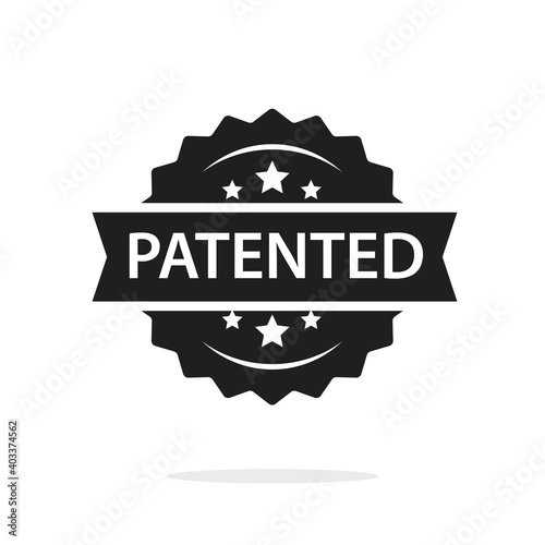 Patented label badge vector stamp black and white, intellectual property copyright protection tag seal isolated, success patent, licensed sign