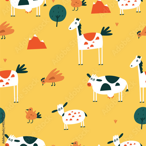 Vector flat illustartions set of standing animals - horse, cow, chicken and bird with sheep. Funny characters for kids. Cartoon style seamless patterns.