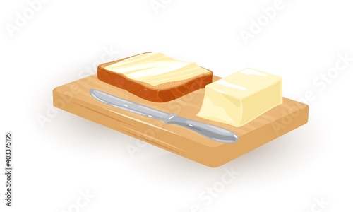 Butter smeared on toast, morning breakfast, lunch, nutritious meal. Vector wooden board with knife, slice of butter. First meal in morning design isolated on white background