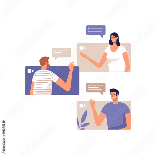 Young people communicate online using a mobile devices. Concept of video call conference, remote working from home or online meeting. Vector illustration.