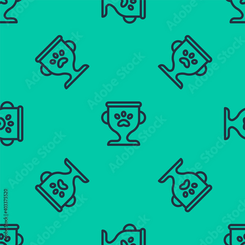 Blue line Pet award symbol icon isolated seamless pattern on green background. Medal with dog footprint as pets exhibition winner concept. Vector.