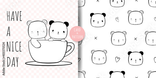 Bundle set of cute polar and panda cartoon doodle card and seamless pattern vector design for nursery or print on product
