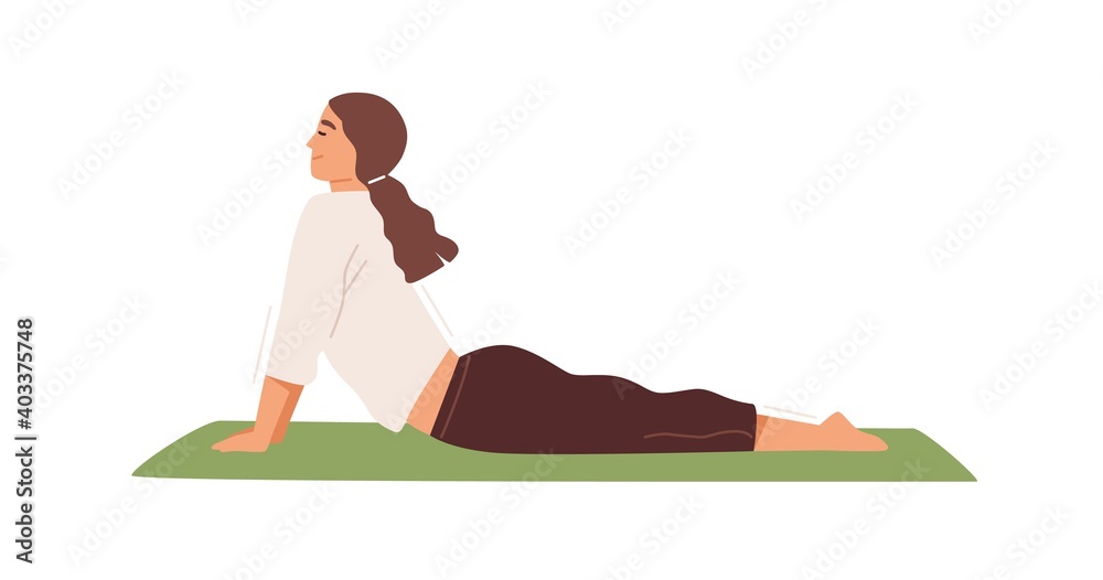 Woman practicing Hatha yoga on mat vector flat illustration. Active female character demonstrating cobra or upward facing dog pose isolated on white. Sportswoman doing backbend, enjoying training Woman practicing Hatha yoga on mat vector flat illustration. Active female character demonstrating cobra or upward facing dog pose isolated on white. Sportswoman doing backbend, enjoying training
