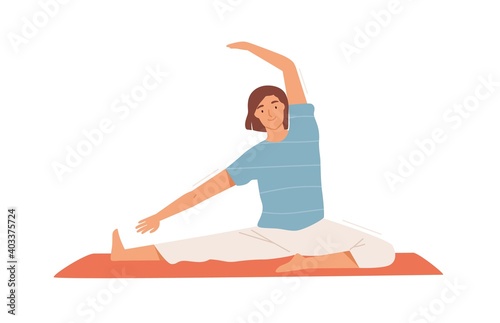 Smiling woman doing stretching exercise on mat vector flat illustration. Happy female performing pilates or yoga training at home or gym isolated on white. Active flexible person enjoying sports