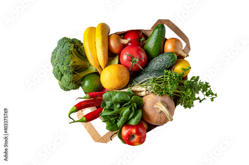 isolated on white grocery Paper bag with vegetables and fruits