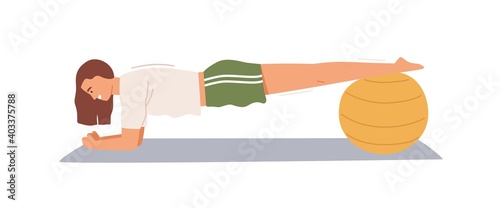 Sportswoman practicing plank exercise, putting legs on fitball vector flat illustration. Active strong woman doing fitness workout on mat at home or gym isolated. Female enjoying sports exercising