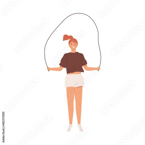 Happy girl doing sports, skipping holding jumping rope vector flat illustration. Smiling female teen practicing cardio training isolated on white. Active person enjoying jump exercise with equipement