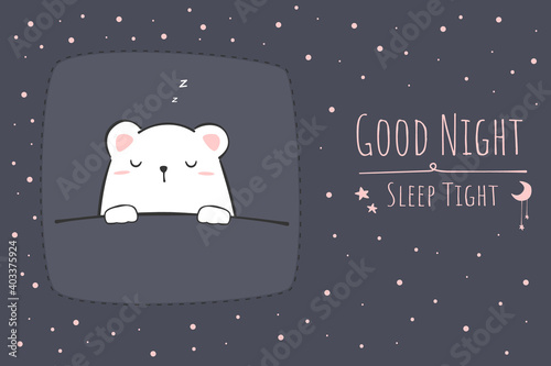 Cute white polar bear sleeping good night sleep tight cartoon doodle background wallpaper vector design for nursery