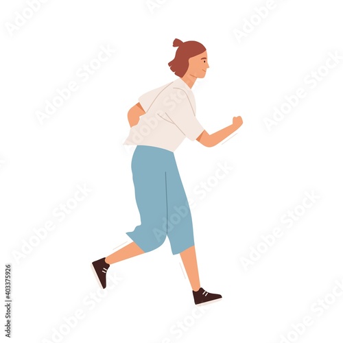 Smiling active woman jogging vector flat illustration. Happy female in sportswear enjoying morning running or daily physical activity isolated on white. Athletic person doing cardio sports training
