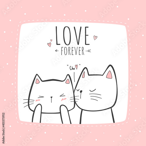 Cute kitty couple kissing cartoon doodle pink pastel valentine card vector design