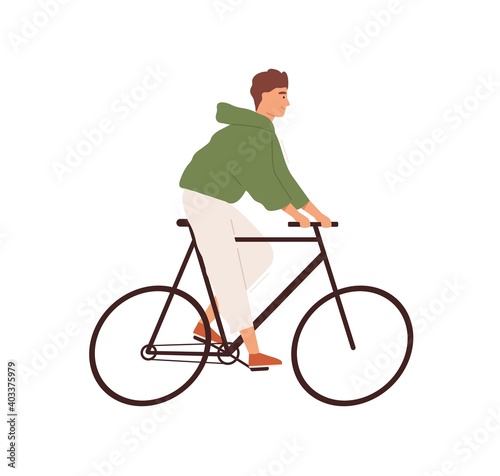 Funny man riding street bicycle vector flat illustration. Happy male ride on urban eco friendly personal transport isolated on white. Smiling guy cycling, enjoying outdoor activity