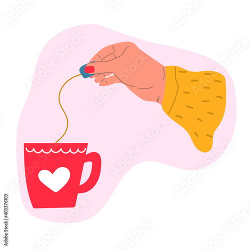 Hand holding tea bag and tea cup. Hand drawn flat illustration.