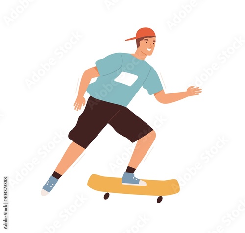 Teenager riding on skateboard vector flat illustration. Smiling male teen in baseball cap enjoy extreme summer outdoor activity isolated. Cute adolescent skateboarder on the street