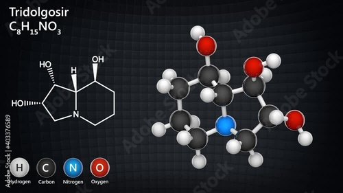 Tridolgosir (Swainsonine) is an indolizidine alkaloid. Formula:  C8H15NO3. 3D render. Seamless loop. Ball and Stick chemical structure model. photo