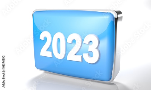2023 glossy blue box on white background - 3D rendering illustration