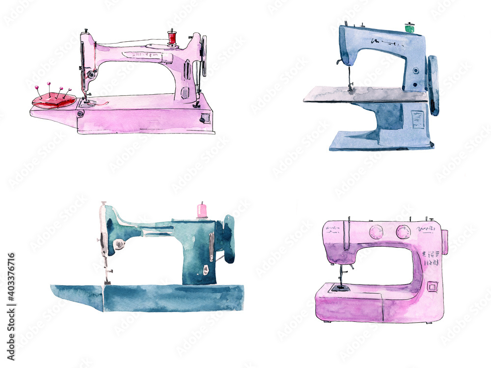 Watercolor illustration set of sewing machines