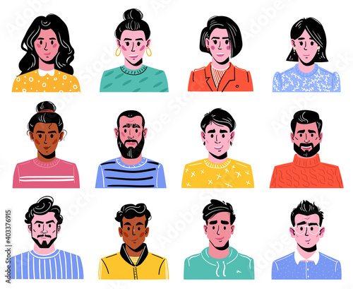 Big Set of various Heads of boys and girls. Men and women, colorful characters. Various clothes and haircuts. People avatars cartoon style, flat design, print template. Hand drawn set of Vector Icons