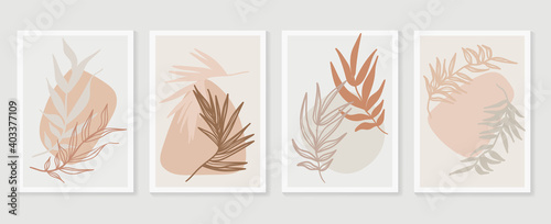 Botanical wall art vector set. Earth tone boho foliage line art drawing with  abstract shape.  Abstract Plant Art design for wall framed prints, canvas prints, poster, home decor, cover, wallpaper.