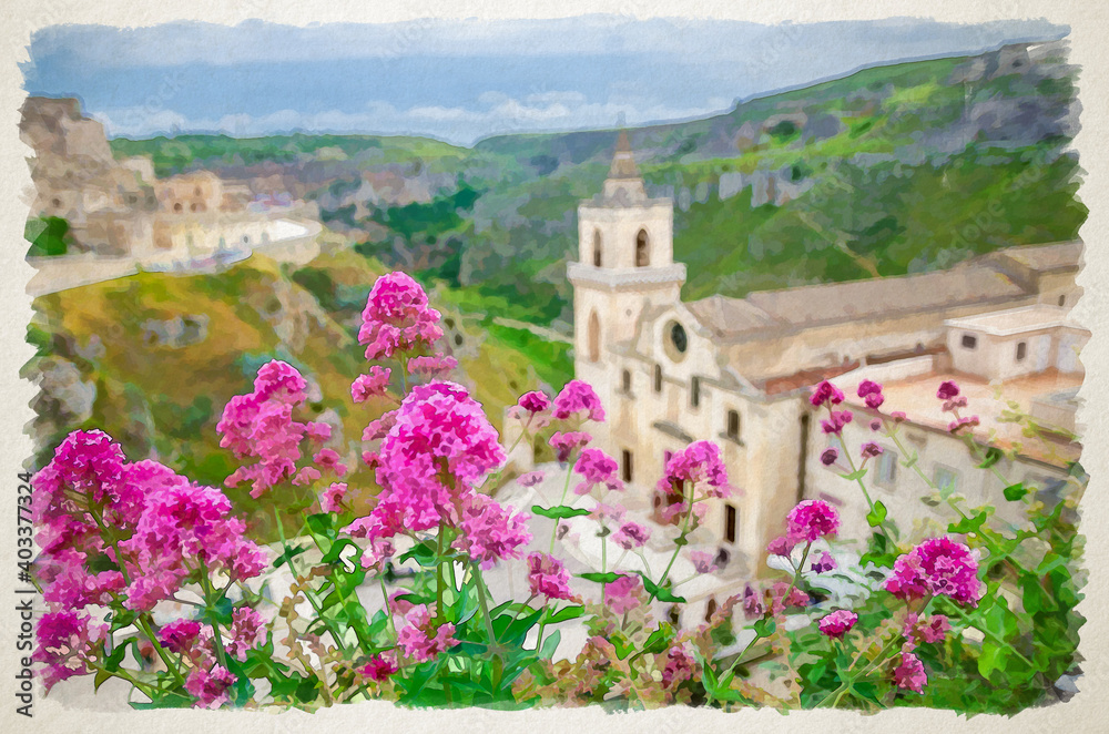 Watercolor drawing of Red rose flowers and blurred background view of Church Chiesa San Pietro Caveoso, canyon