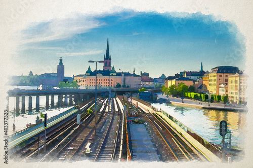 Watercolor drawing of Cityscape of Stockholm historical city centre with Riddarholmen island Church spires, City Hall Stadshuset tower