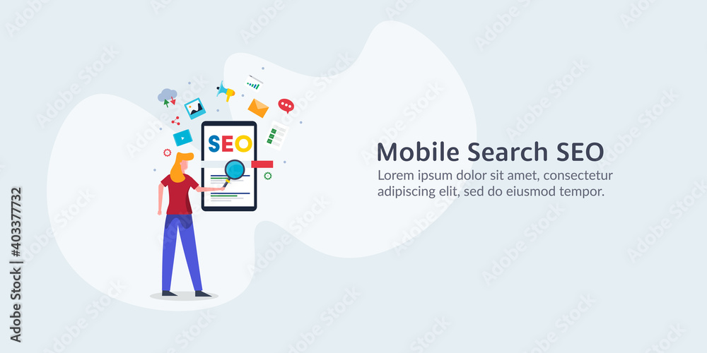 SEO strategy on mobile, optimized content media for smartphone screen, mobile data, social network and blogging communication, vector illustration.
