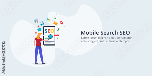 SEO strategy on mobile, optimized content media for smartphone screen, mobile data, social network and blogging communication, vector illustration.