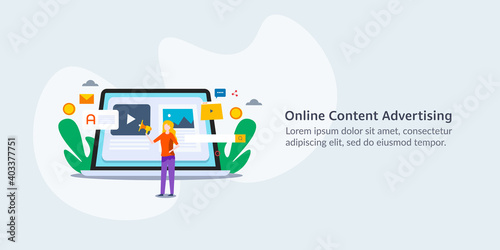 Content marketing and social media advertising. Influencer marketer blogging media and communication concept, vector illustration.