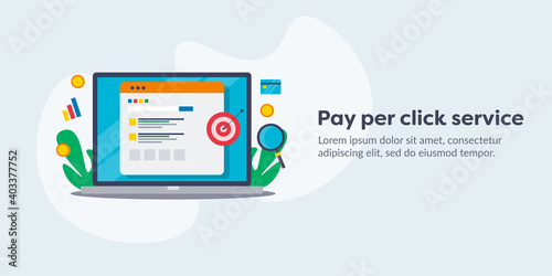 Pay per click advertising service, search marketing  and ad network driving  targeted traffic from search engine, vector illustration banner.