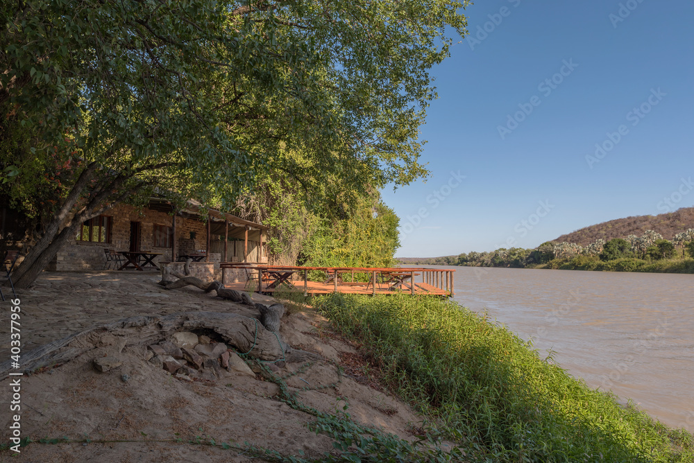 Wooden terrace with a view of the Kunene River, Namibia