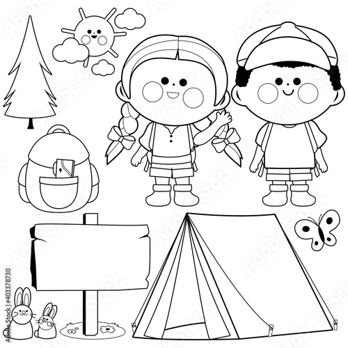Happy children with a tent in a camping site. Vector black and white coloring page
