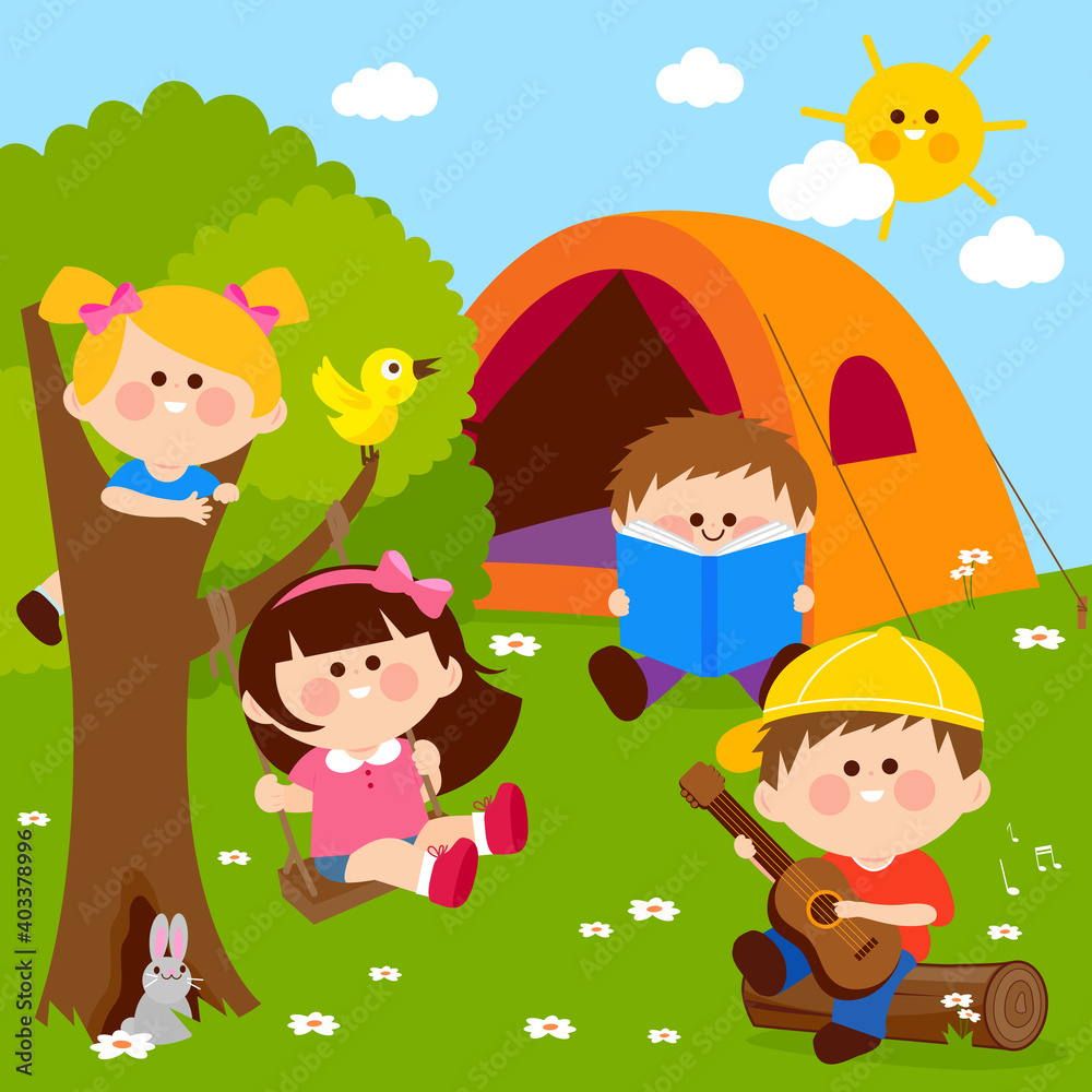 Children in a forest camping site playing and reading. Vector illustration