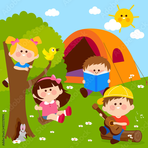 Children in a forest camping site playing and reading. Vector illustration