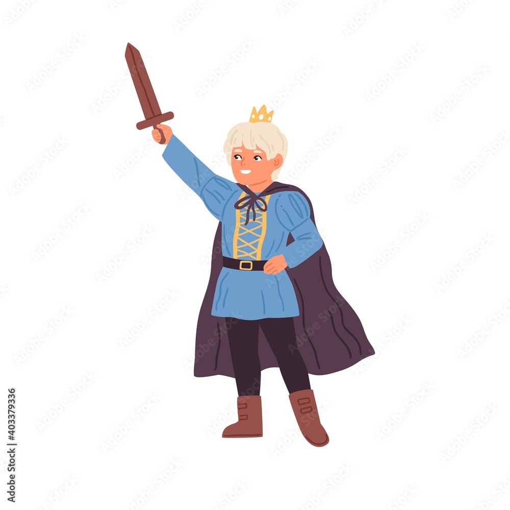 Cute little boy in prince costume holding sword vector flat illustration. Funny male child wearing crown and cloak at masquerade party isolated. Kid actor play king or knight in theater performance
