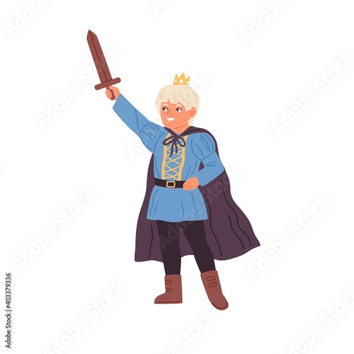 Cute little boy in prince costume holding sword vector flat illustration. Funny male child wearing crown and cloak at masquerade party isolated. Kid actor play king or knight in theater performance
