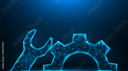 Wrench and gear low poly design. Repair or support polygonal vector illustrations on a blue background.