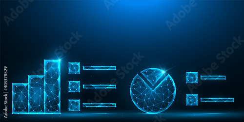 Statistical data analysis low poly design. Analytical chart and bars polygonal vector illustrations on a blue background.