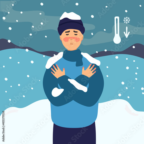 Wallpaper Mural Man suffering from frostbite. Male with frozen hands in winter standing outside, in the snow. flat design. Healthcare concept. Torontodigital.ca
