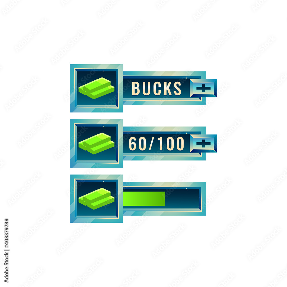 set of fantasy space game ui money bucks bar with numeric and progress ...