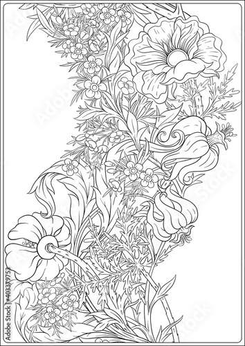Floral Seamless pattern, background with In art nouveau style, vintage, old, retro style. Outline vector illustration. Coloring page for the adult coloring book. .