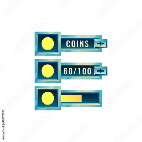 set of fantasy space game ui currencies coins bar with numeric and progress bar additional panel for gui asset elements vector illustration